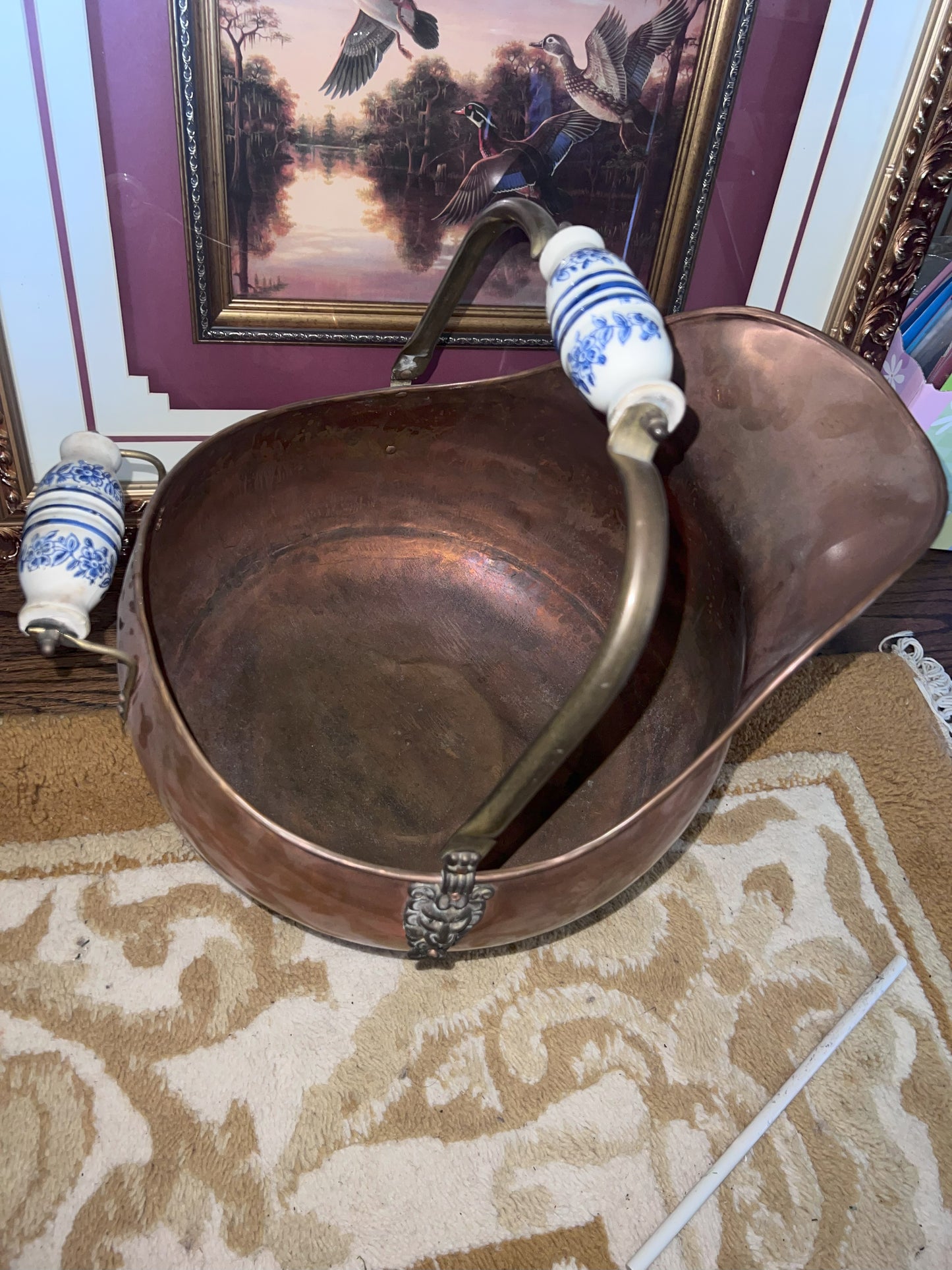 Antique Copper Coal Scuttle with Delft Ceramic Handle and Copper Bucket