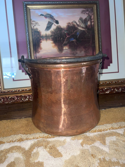 Antique Copper Coal Scuttle with Delft Ceramic Handle and Copper Bucket