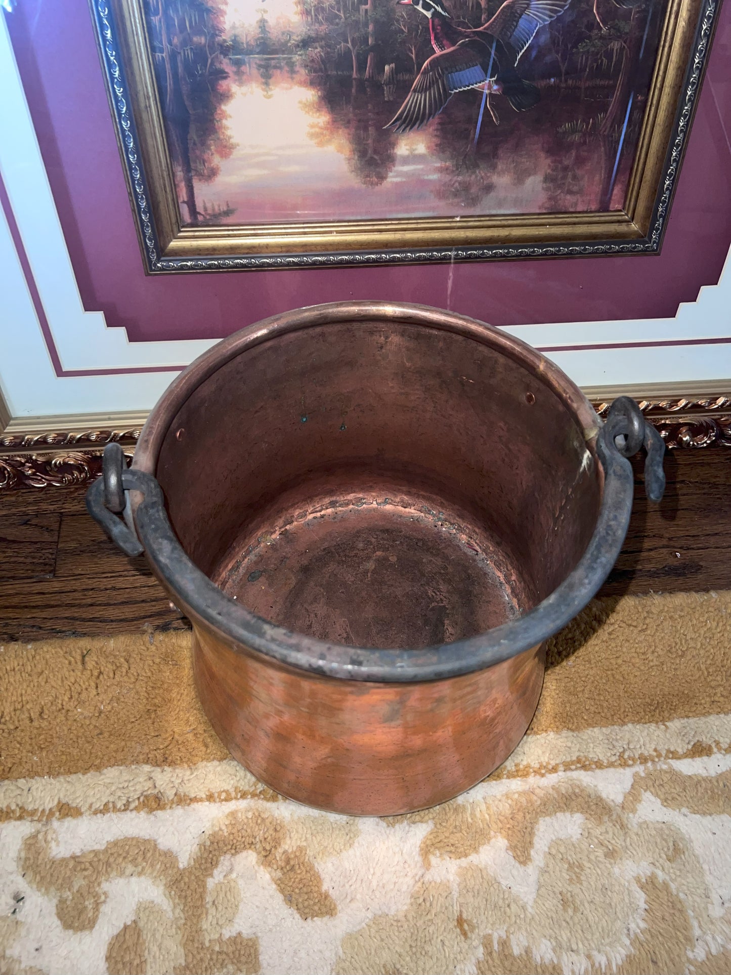 Antique Copper Coal Scuttle with Delft Ceramic Handle and Copper Bucket